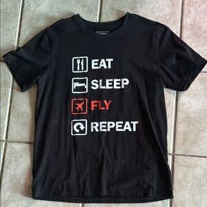 Aviation Eat,Sleep, Fly,Repeat Black Graphic Tee with Travel Icons men’s sz med
